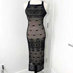 CDC Size 6 Petite Black, Tank Crochet Overlay Sleeveless Bodycon Midi Dress